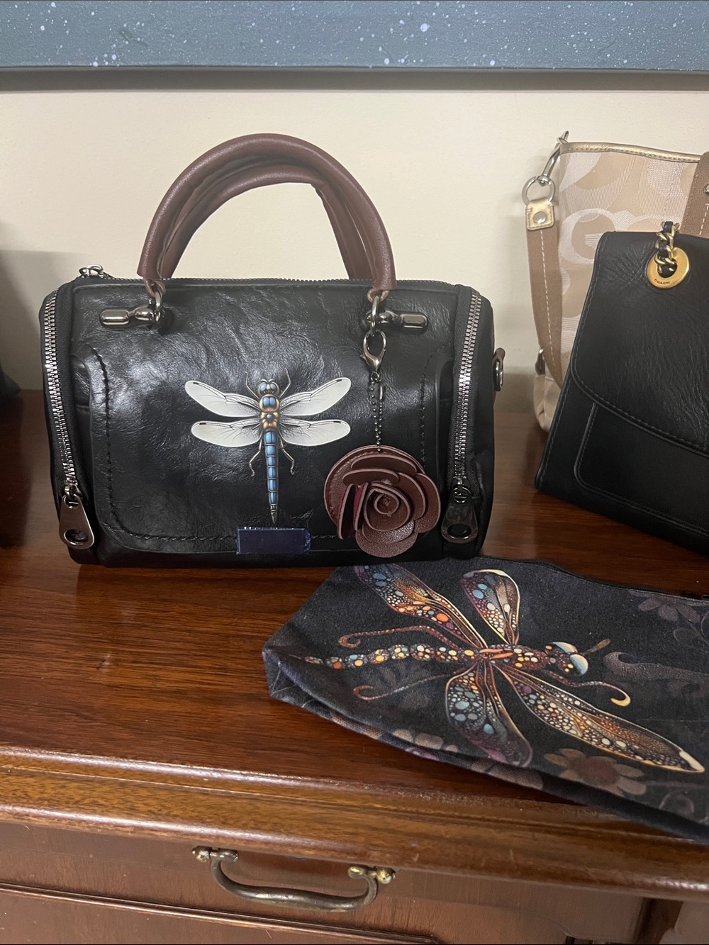 Black Leather Dragonfly Satchel with Rose Charm and added cosmetic pouch
